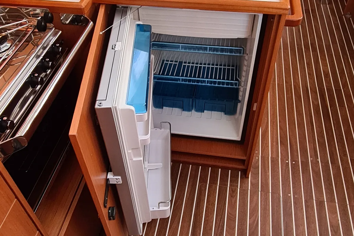 Galley of Melia, a Bavaria C42 sailboat at Agios Stefanos, Greece