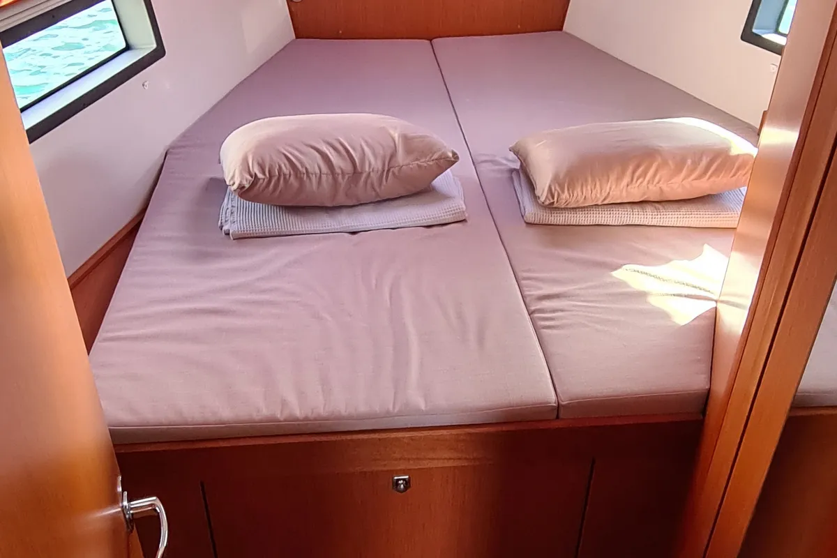 Cabin on Melia, a Bavaria C42 sailboat at Agios Stefanos, Greece