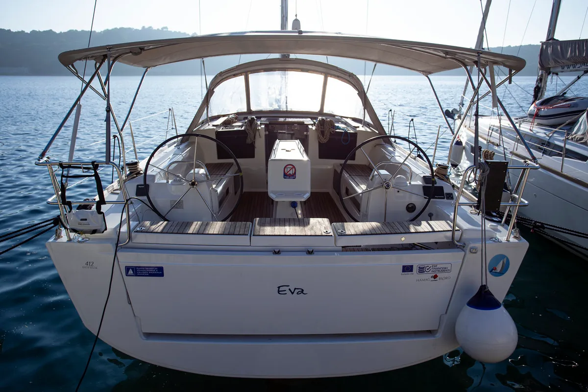 Cockpit of Eva, a Dufour 412 GL sailboat at Mali Lošinj, Croatia