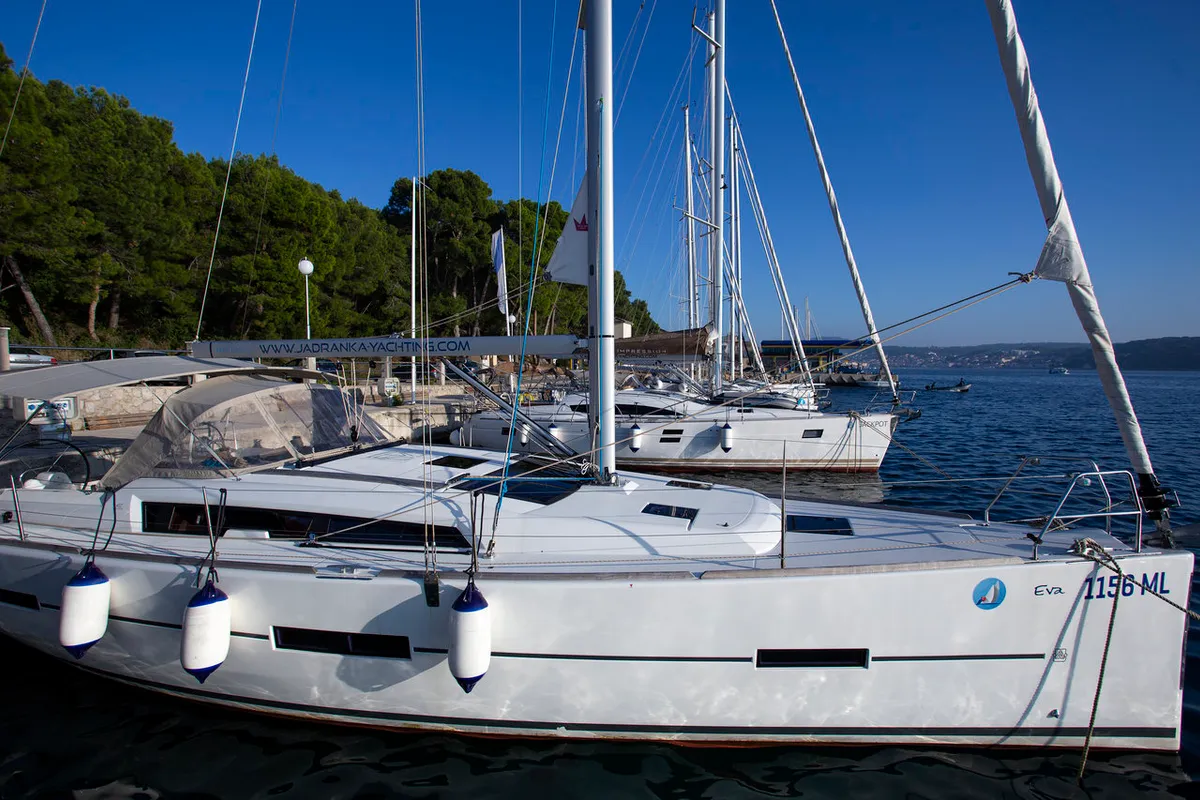 Exterior view of Eva, a Dufour 412 GL sailboat at Mali Lošinj, Croatia