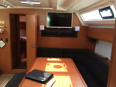 Salon of Nefeli, a Bavaria Cruiser 46 sailboat at Skiathos, Greece