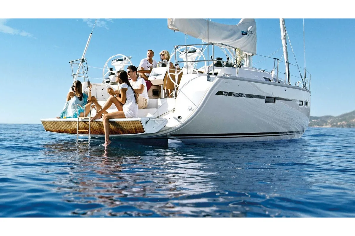 Exterior view of Nefeli, a Bavaria Cruiser 46 sailboat at Skiathos, Greece