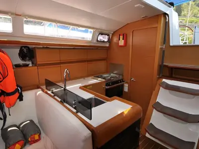 Galley of FourTwo, a Jeanneau Sun Odyssey 409 sailboat at Fethiye, Turkey