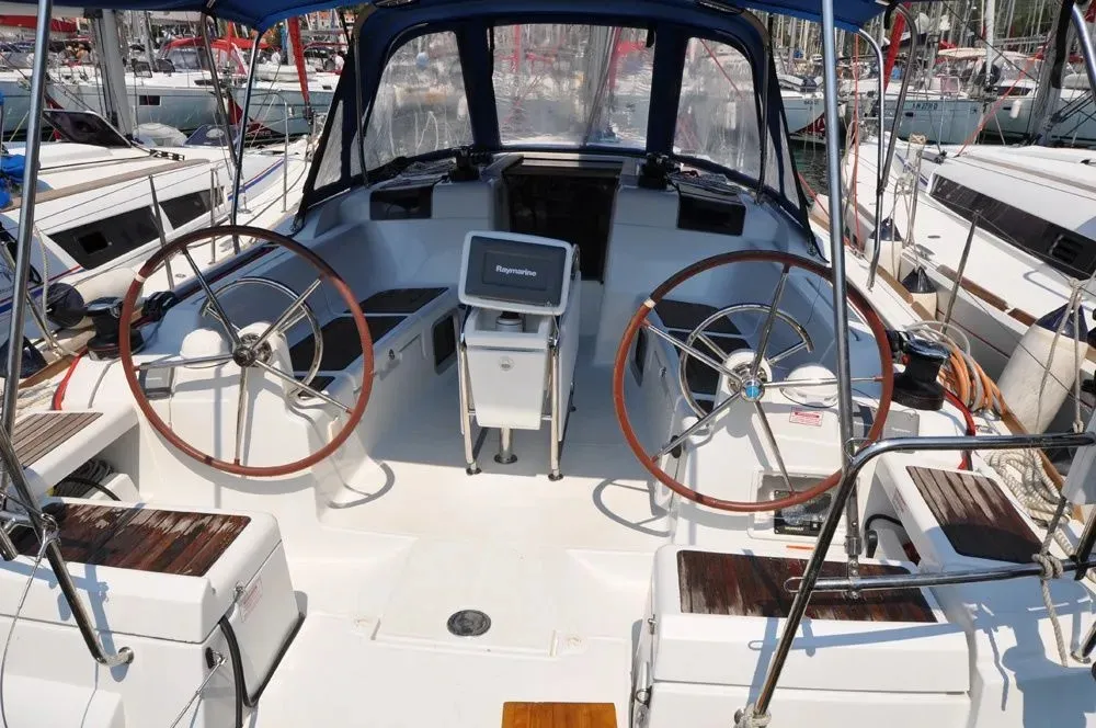 Cockpit of FourTwo, a Jeanneau Sun Odyssey 409 sailboat at Fethiye, Turkey