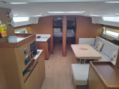 Salon of MARINA GEN.+A.C. "Sails 2025", a Jeanneau Sun Odyssey 490 sailboat at Municipal Unit of Lefkada, Greece
