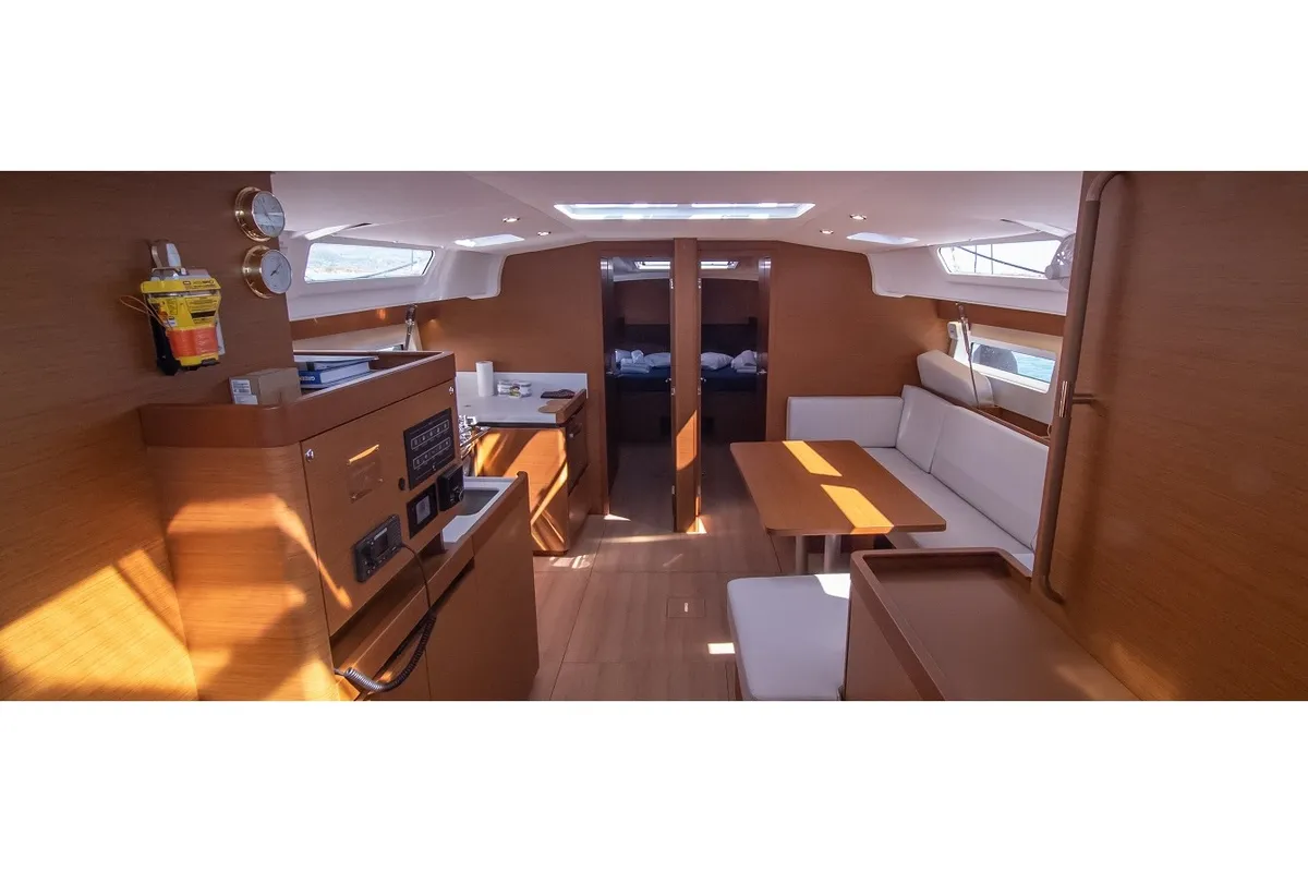 Salon of MARINA GEN.+A.C. "Sails 2025", a Jeanneau Sun Odyssey 490 sailboat at Municipal Unit of Lefkada, Greece