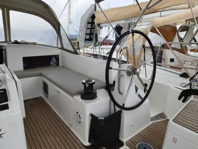 Cockpit of MARINA GEN.+A.C. "Sails 2025", a Jeanneau Sun Odyssey 490 sailboat at Municipal Unit of Lefkada, Greece