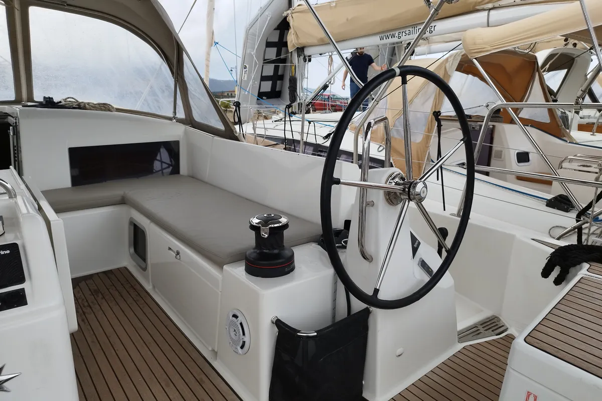 Cockpit of MARINA GEN.+A.C. "Sails 2025", a Jeanneau Sun Odyssey 490 sailboat at Municipal Unit of Lefkada, Greece