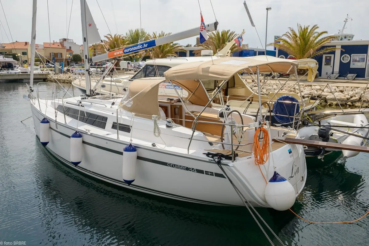 Exterior view of Lia, a Bavaria Cruiser 34 sailboat at Pirovac, Croatia