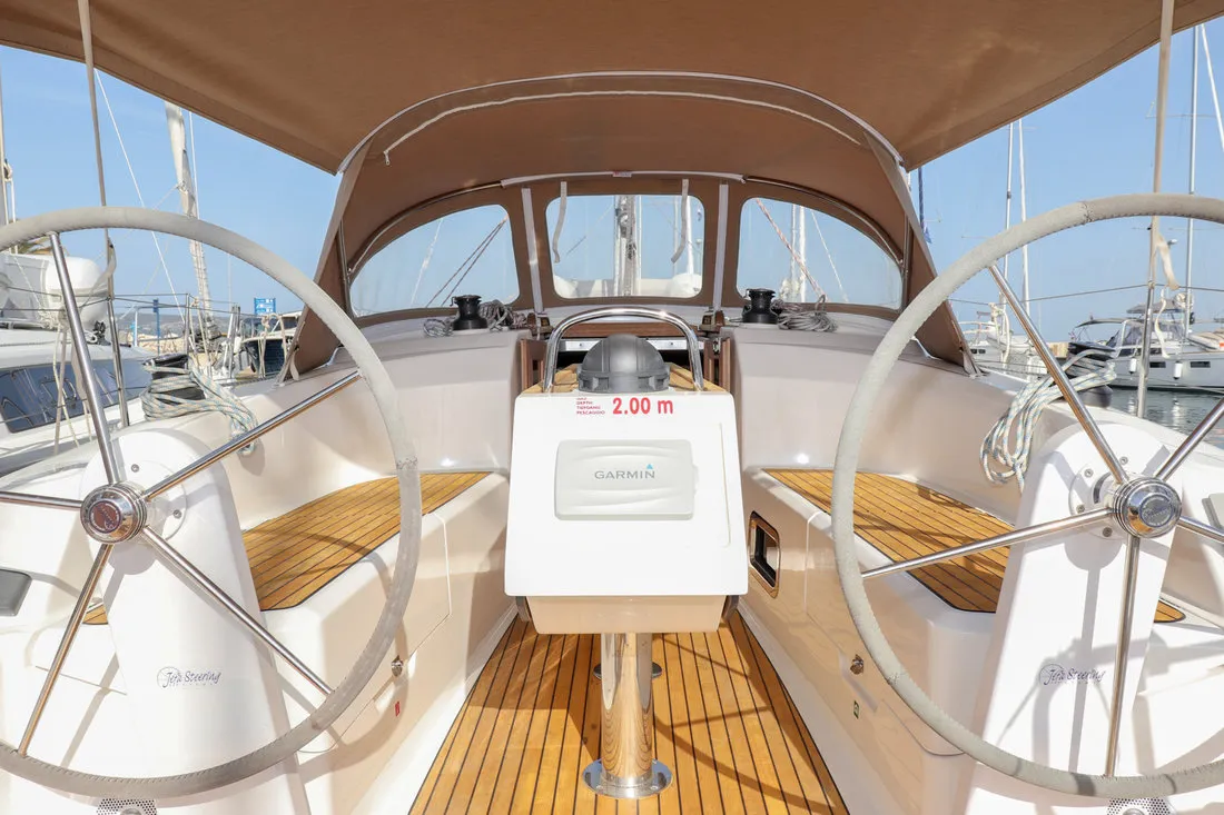 Deck of Lia, a Bavaria Cruiser 34 sailboat at Pirovac, Croatia