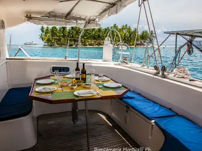 Cockpit of Valpar, a Nautitech 44 catamaran at Narganá, Panama