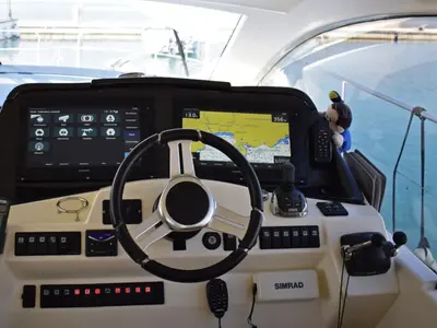 Cockpit of Pato, a Prestige 440 motorboat at Giardini Naxos, Italy