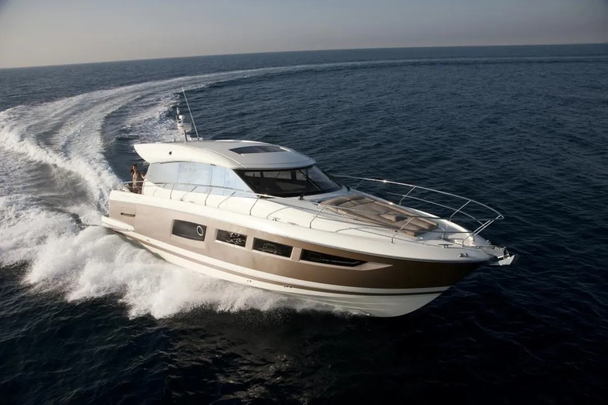 Exterior view of Pato, a Prestige 440 motorboat at Giardini Naxos, Italy
