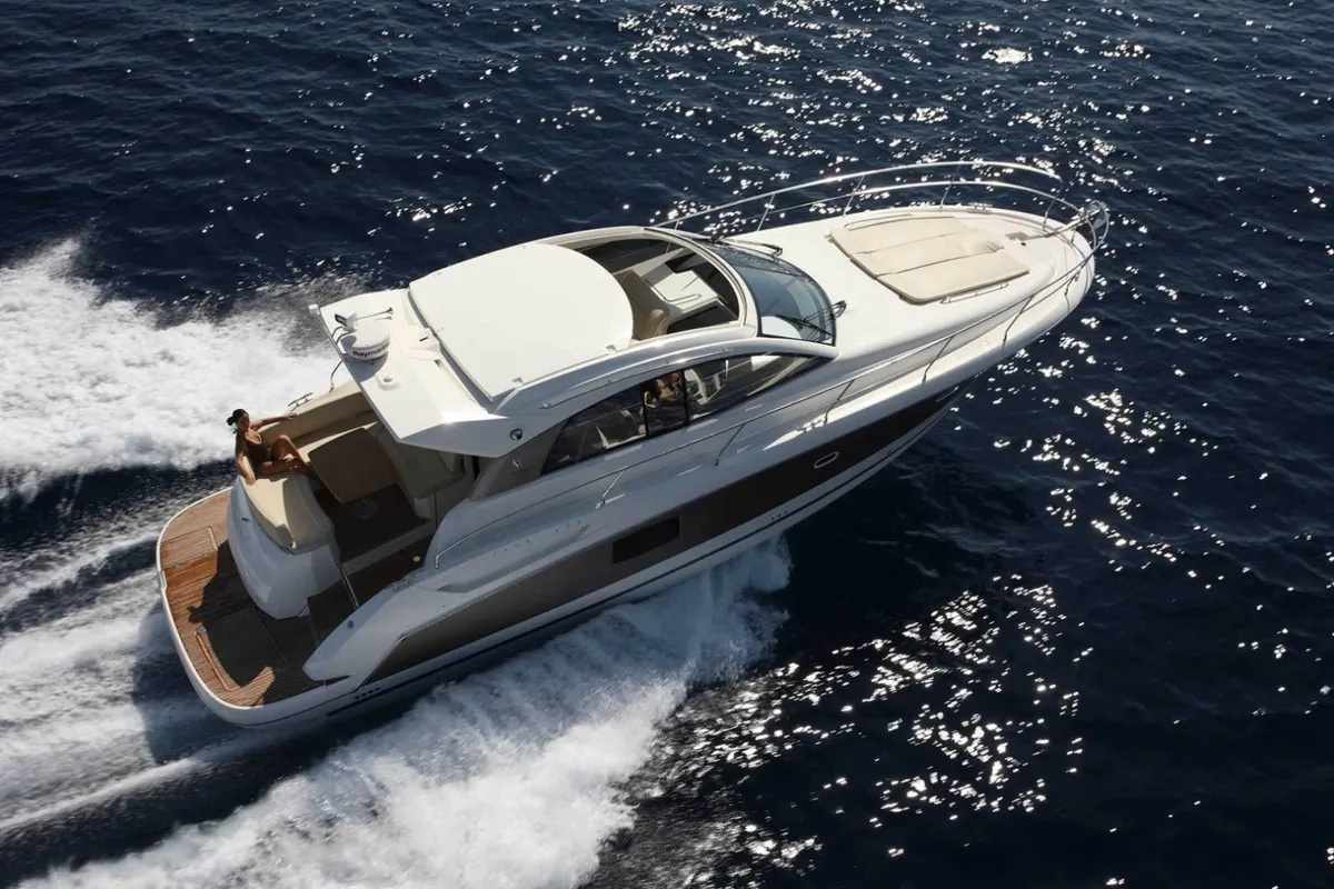 Exterior view of Pato, a Prestige 440 motorboat at Giardini Naxos, Italy