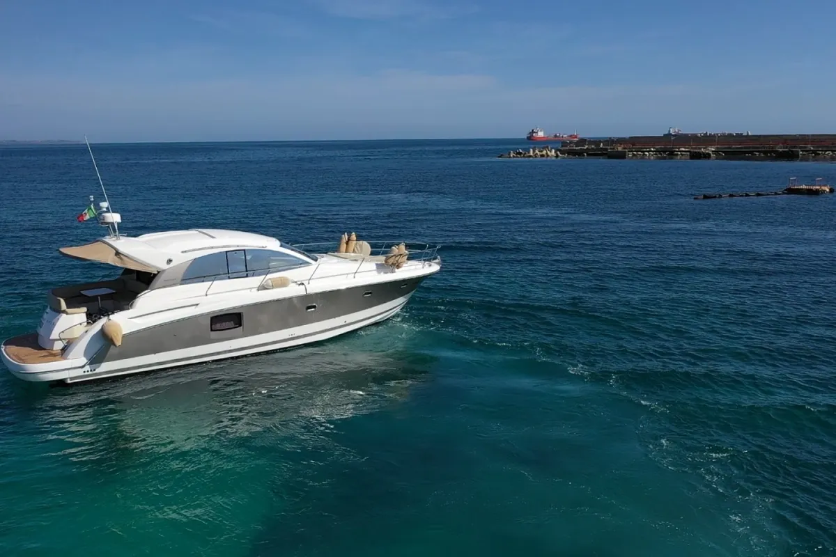 Exterior view of Pato, a Prestige 440 motorboat at Giardini Naxos, Italy