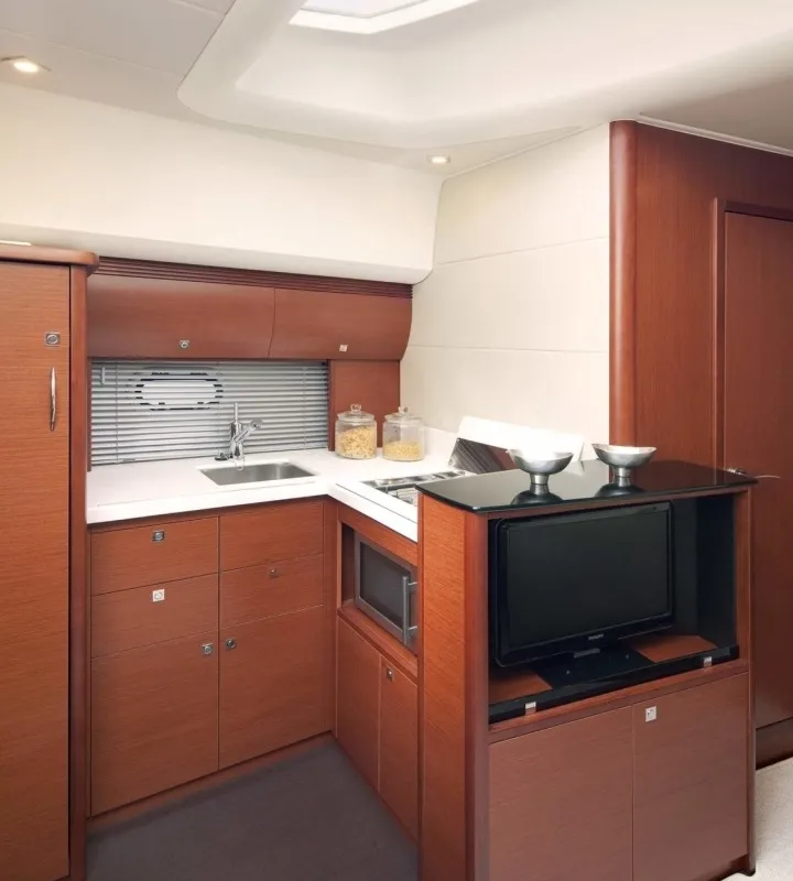 Galley of Pato, a Prestige 440 motorboat at Giardini Naxos, Italy