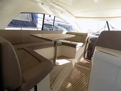 Deck of Pato, a Prestige 440 motorboat at Giardini Naxos, Italy