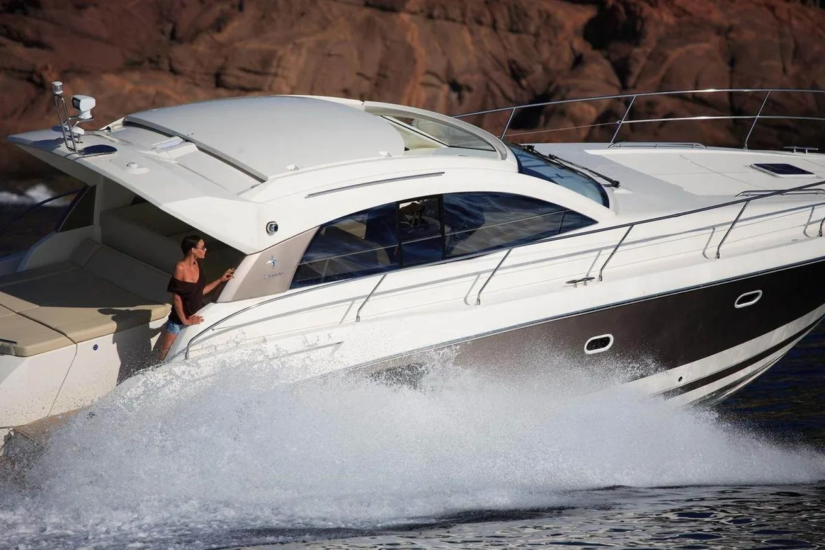 Exterior view of Pato, a Prestige 440 motorboat at Giardini Naxos, Italy
