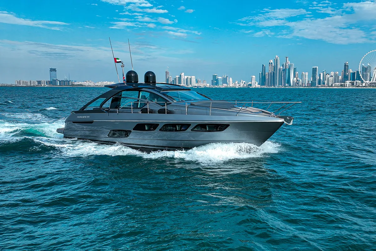 Zephyr, a Pershing 5X motor yacht at Dubai Harbour, United Arab Emirates