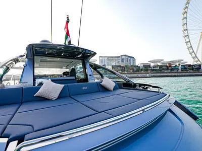 Zephyr, a Pershing 5X motor yacht at Dubai Harbour, United Arab Emirates