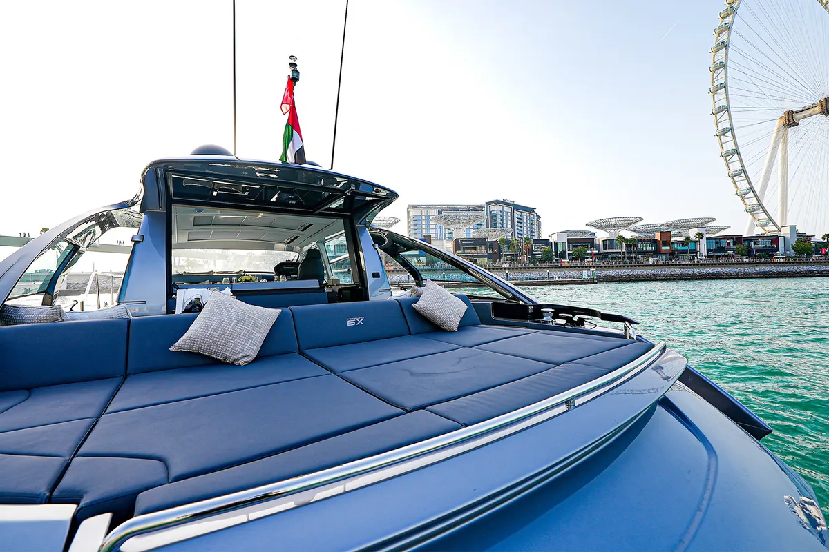 Zephyr, a Pershing 5X motor yacht at Dubai Harbour, United Arab Emirates