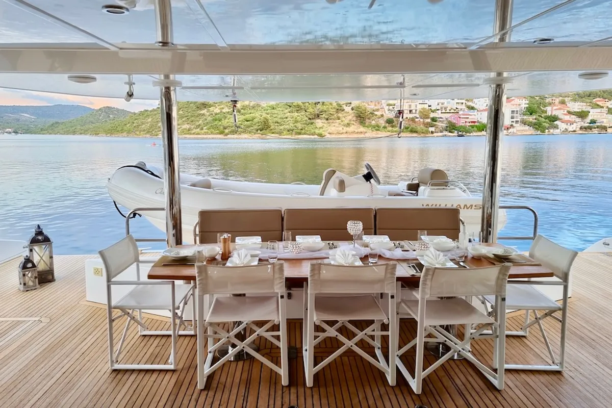 Deck of CLOUDS, a Sunreef 70 Power catamaran at Šibenik, Croatia