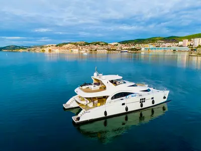 Exterior view of CLOUDS, a Sunreef 70 Power catamaran at Šibenik, Croatia