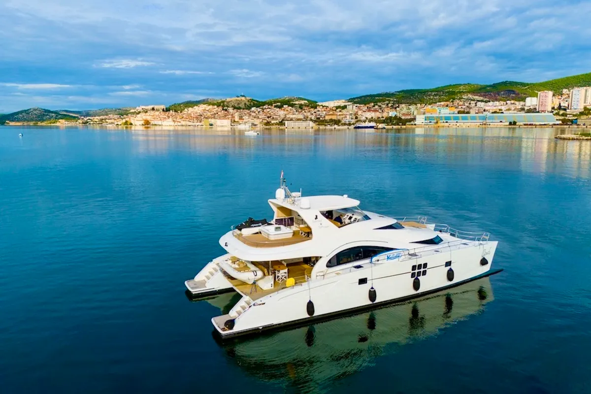 Exterior view of CLOUDS, a Sunreef 70 Power catamaran at Šibenik, Croatia