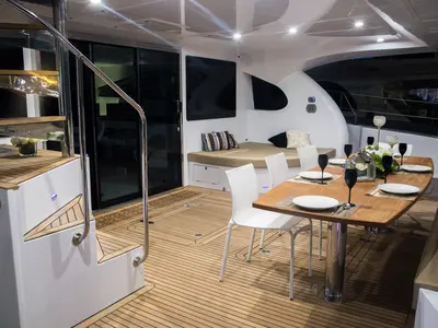 Deck of CLOUDS, a Sunreef 70 Power catamaran at Šibenik, Croatia