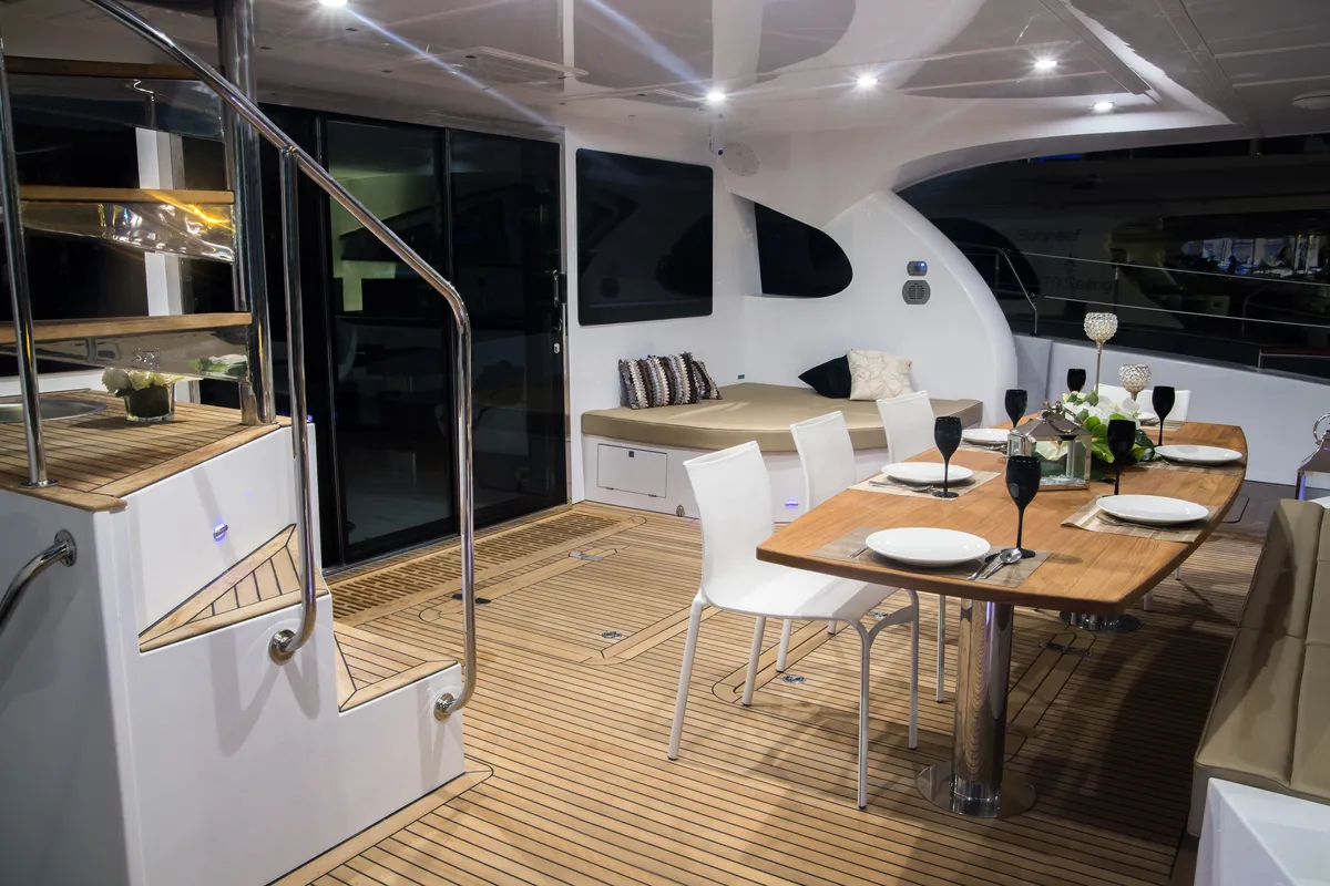 Deck of CLOUDS, a Sunreef 70 Power catamaran at Šibenik, Croatia