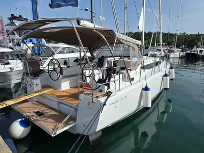 Deck of Princess Marija, a Jeanneau Sun Odyssey 380 sailboat at Grad Pula, Croatia