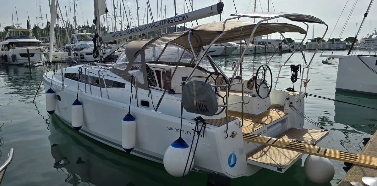 Deck of Princess Marija, a Jeanneau Sun Odyssey 380 sailboat at Grad Pula, Croatia