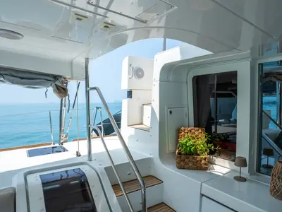 Deck of Lagoon 52F, a catamaran at Capo d'Orlando, Italy