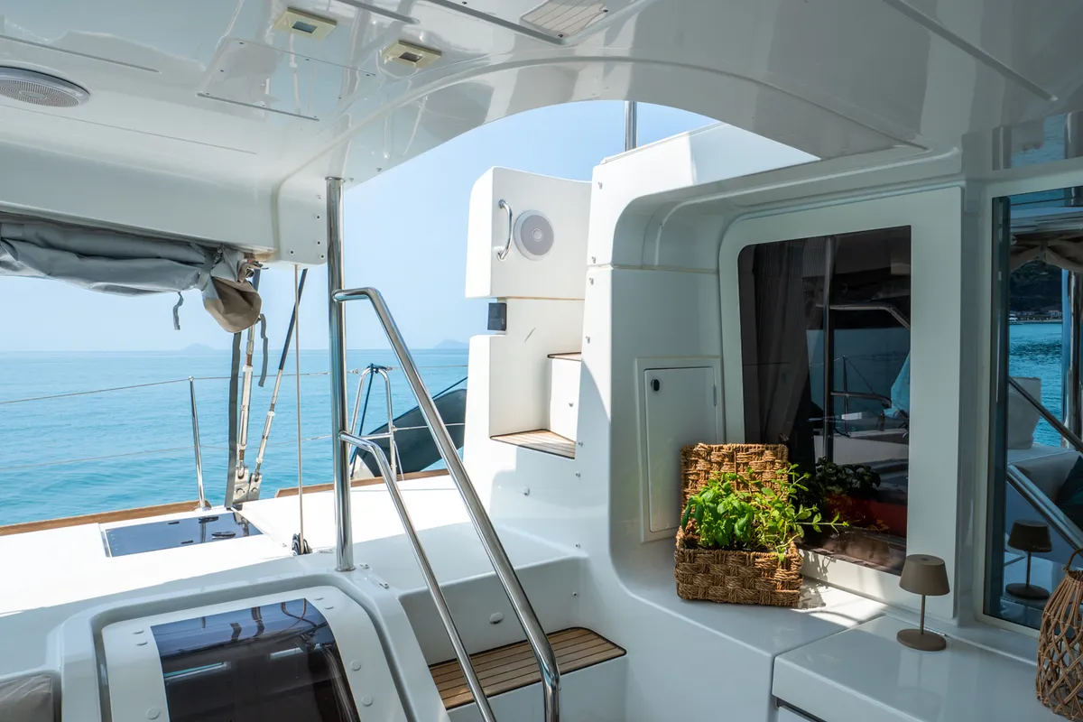 Deck of Lagoon 52F, a catamaran at Capo d'Orlando, Italy