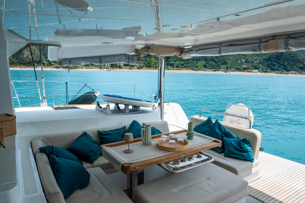 Deck of Lagoon 52F, a catamaran at Capo d'Orlando, Italy
