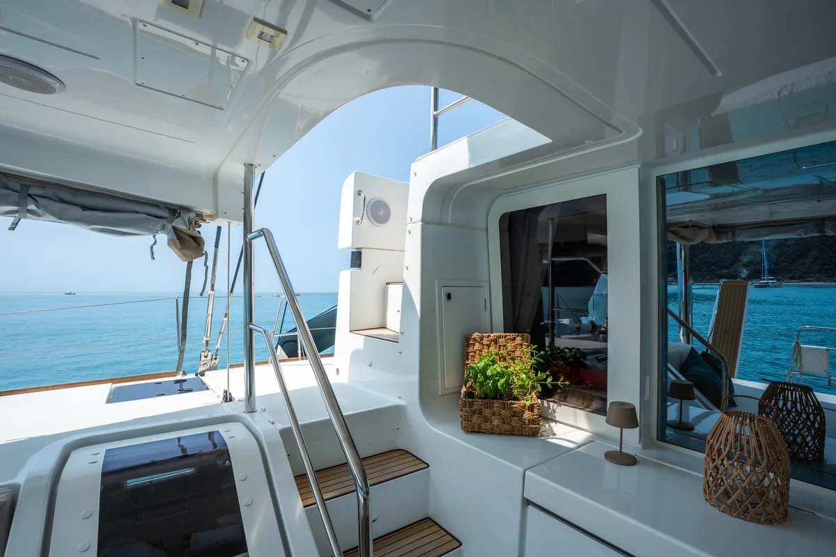 Deck of Lagoon 52F, a catamaran at Capo d'Orlando, Italy