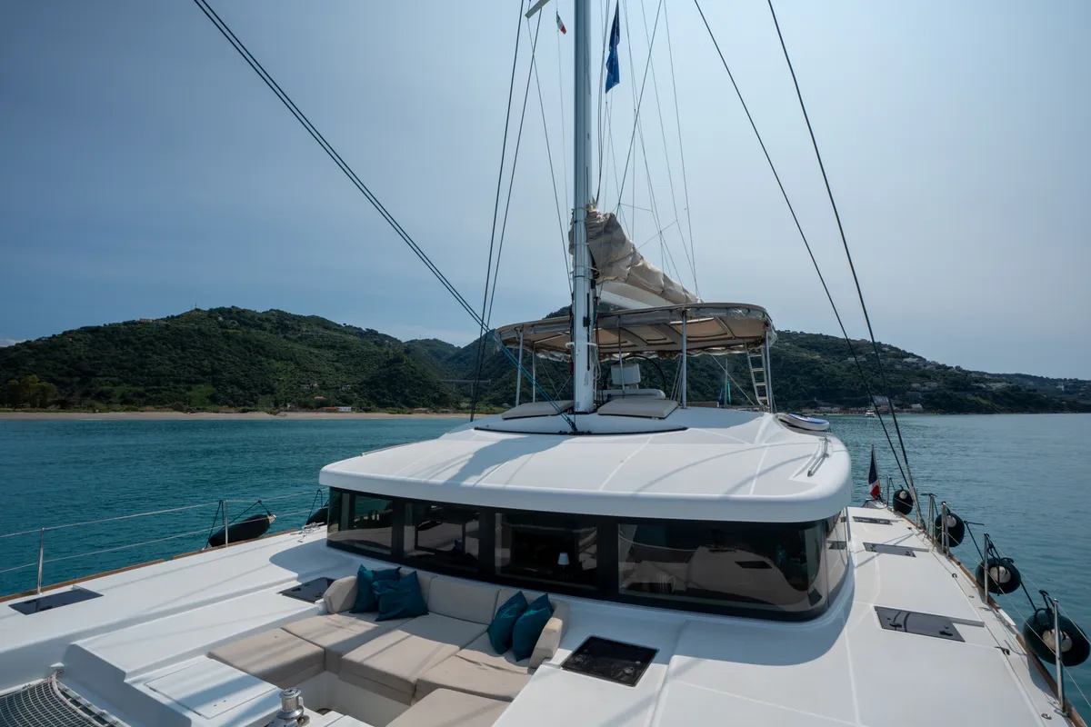 Exterior view of Lagoon 52F, a catamaran at Capo d'Orlando, Italy
