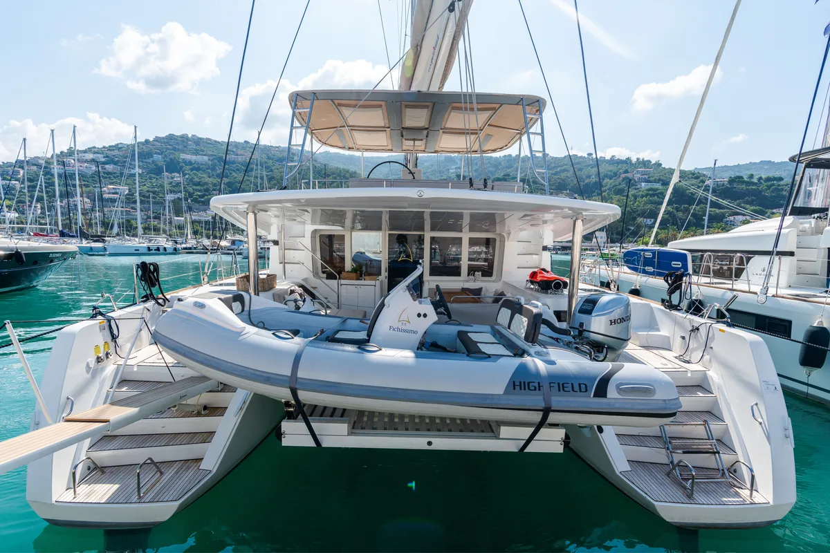 Exterior view of Lagoon 52F, a catamaran at Capo d'Orlando, Italy