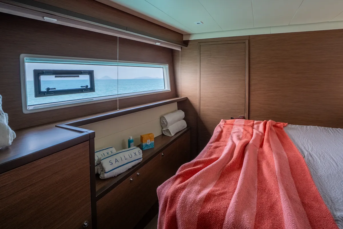 Cabin on Lagoon 52F, a catamaran at Capo d'Orlando, Italy
