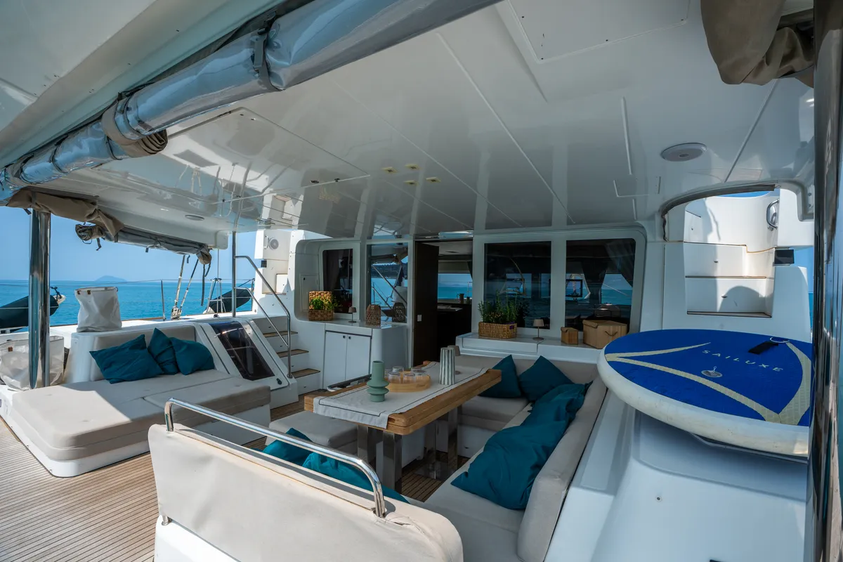 Deck of Lagoon 52F, a catamaran at Capo d'Orlando, Italy