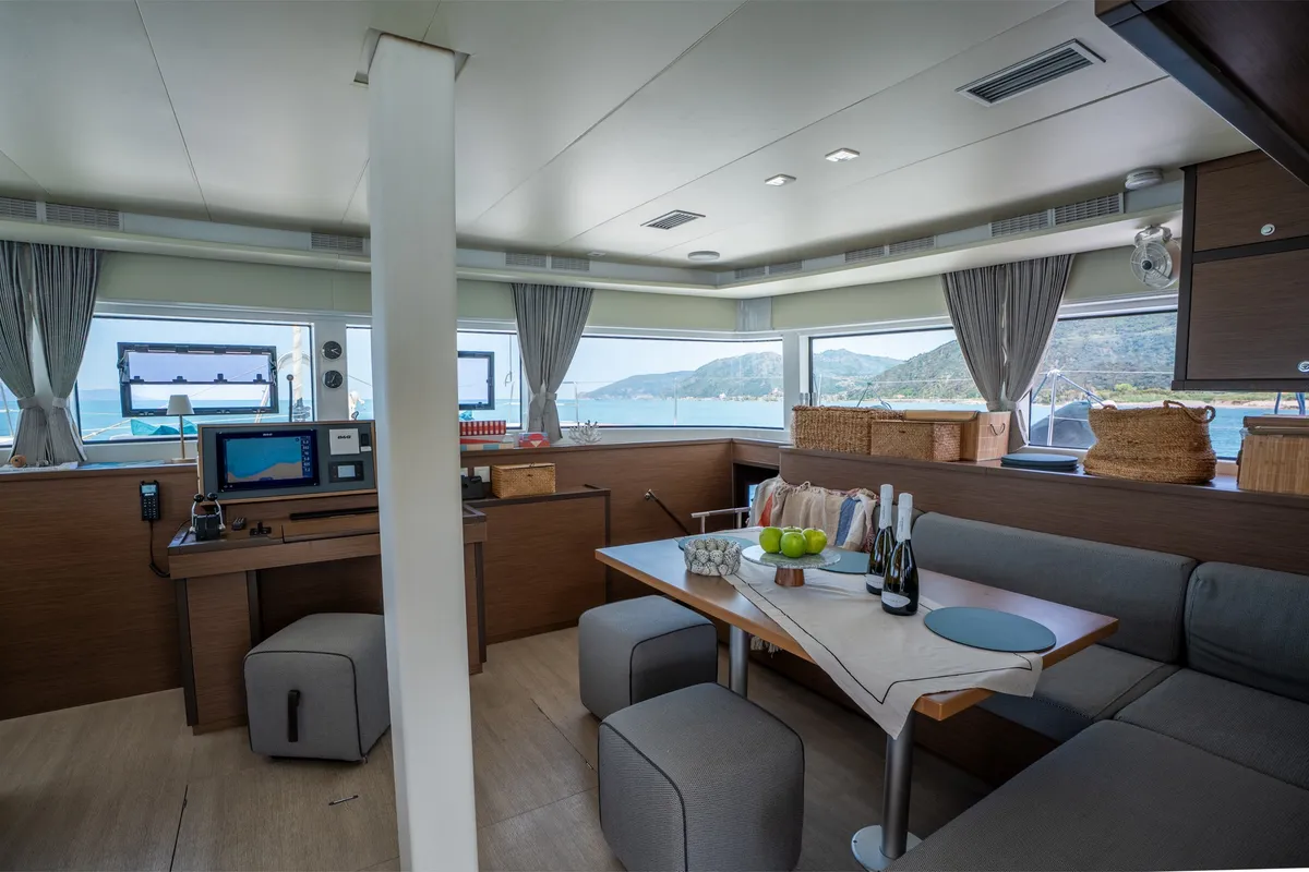 Salon of Lagoon 52F, a catamaran at Capo d'Orlando, Italy
