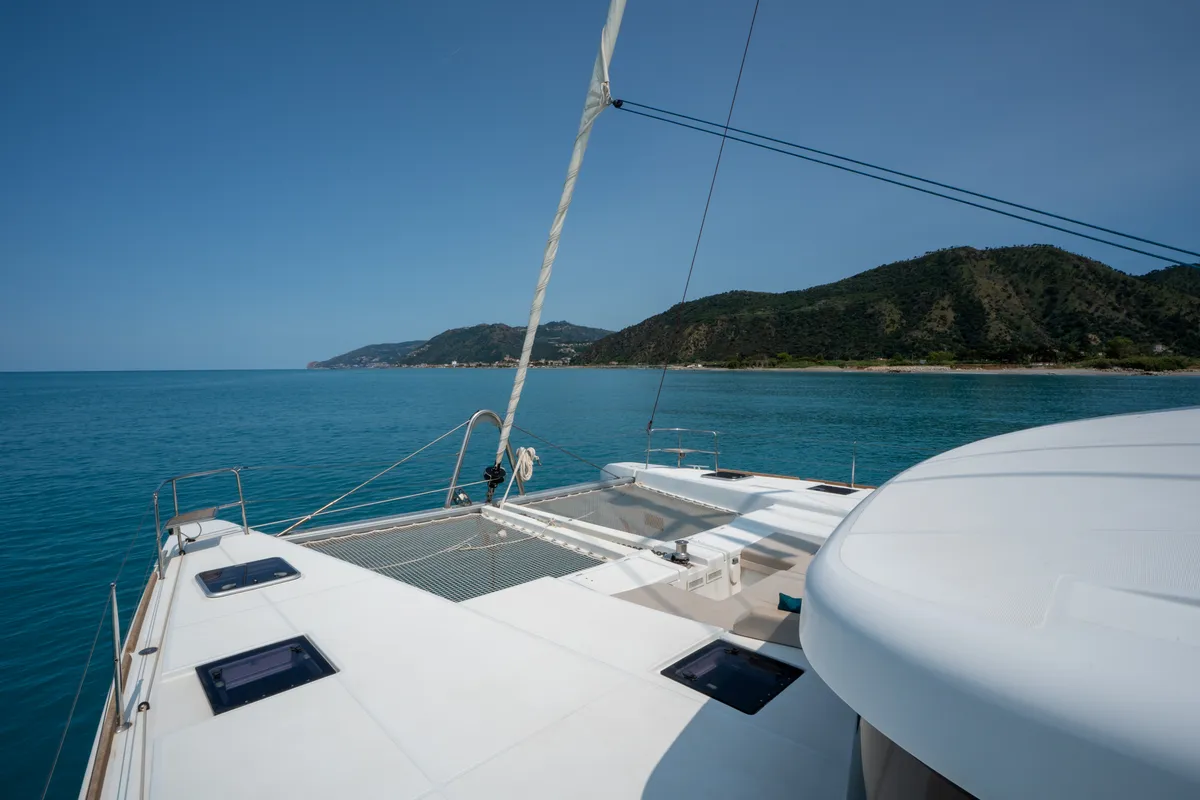 Exterior view of Lagoon 52F, a catamaran at Capo d'Orlando, Italy