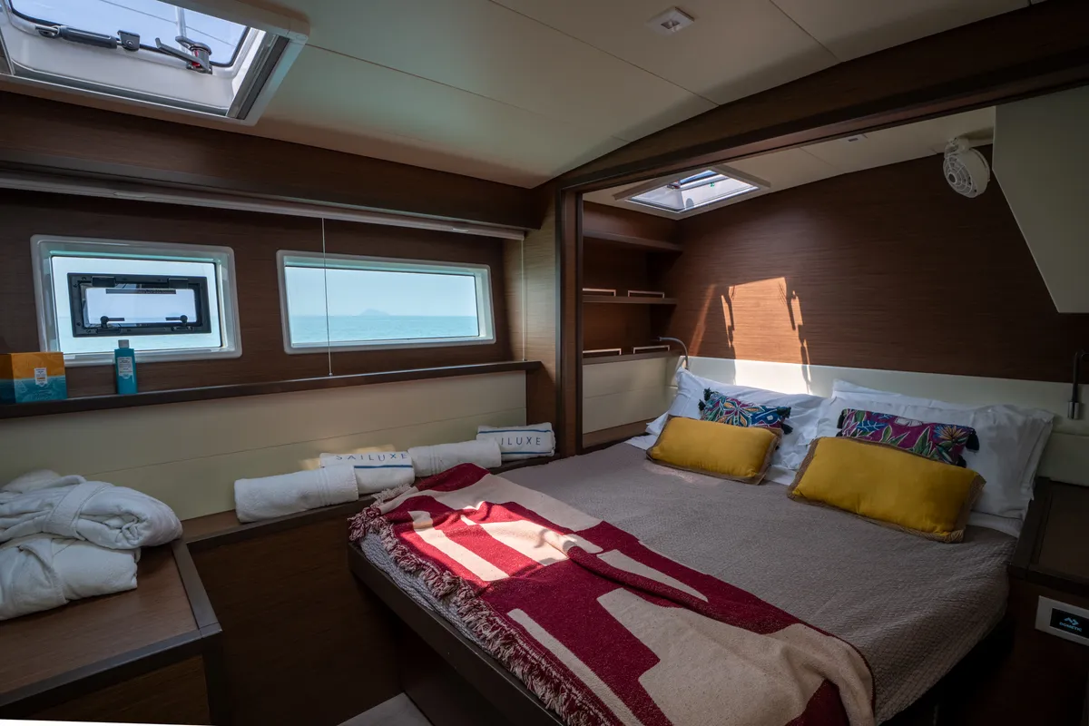 Cabin on Lagoon 52F, a catamaran at Capo d'Orlando, Italy