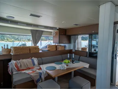 Salon of Lagoon 52F, a catamaran at Capo d'Orlando, Italy