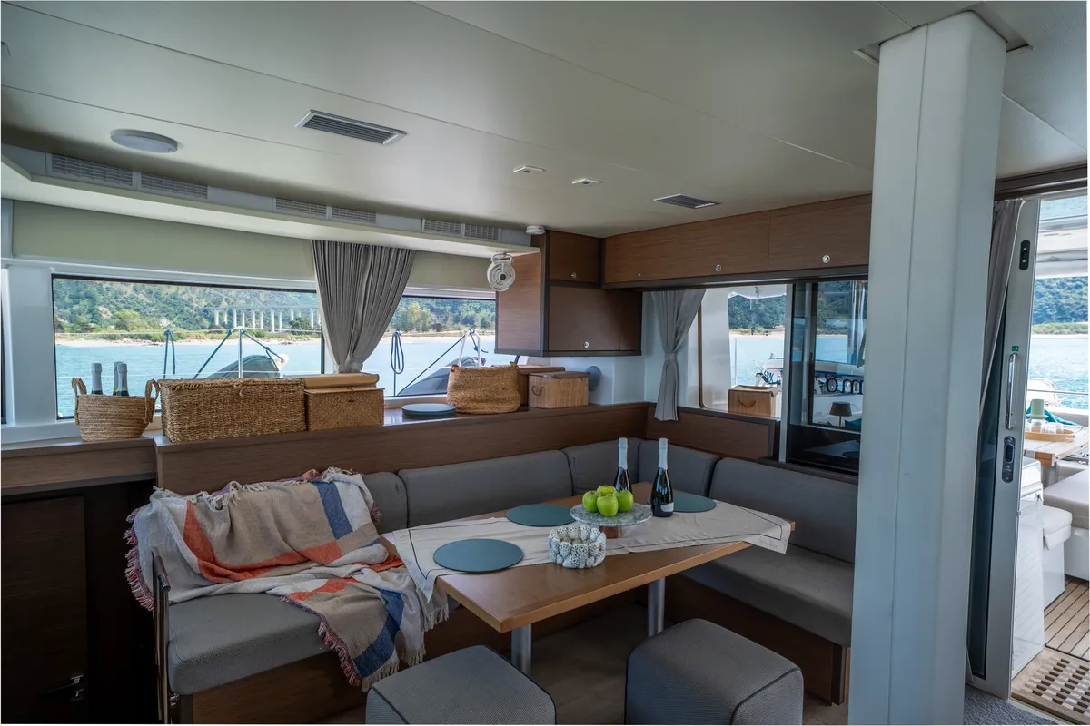 Salon of Lagoon 52F, a catamaran at Capo d'Orlando, Italy
