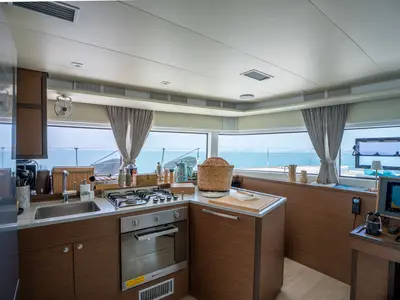 Galley of Lagoon 52F, a catamaran at Capo d'Orlando, Italy
