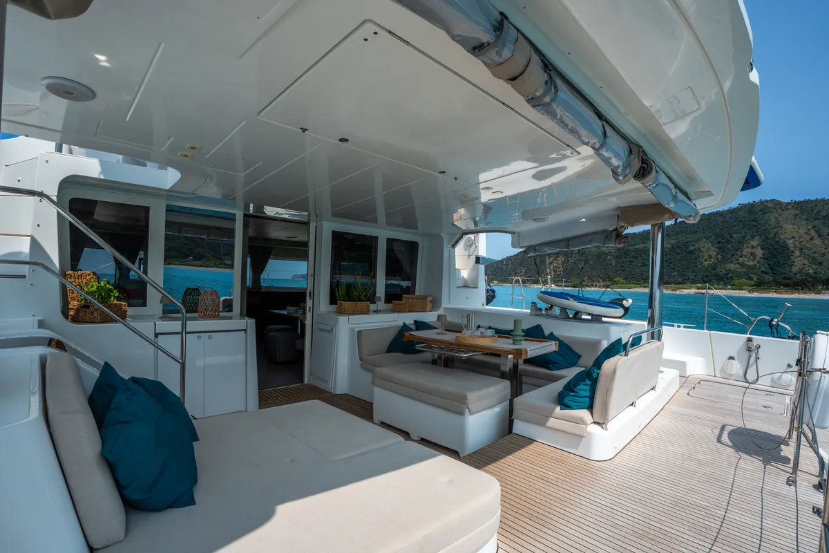 Deck of Lagoon 52F, a catamaran at Capo d'Orlando, Italy