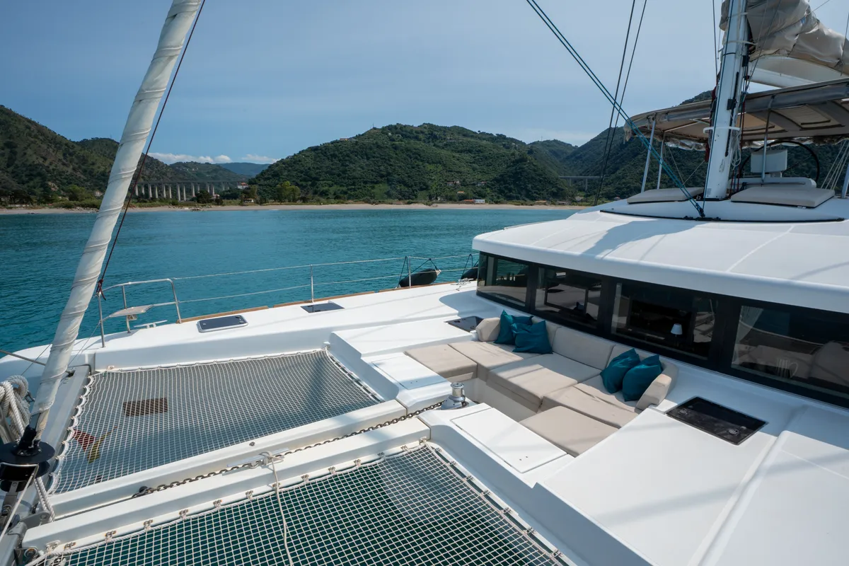 Exterior view of Lagoon 52F, a catamaran at Capo d'Orlando, Italy
