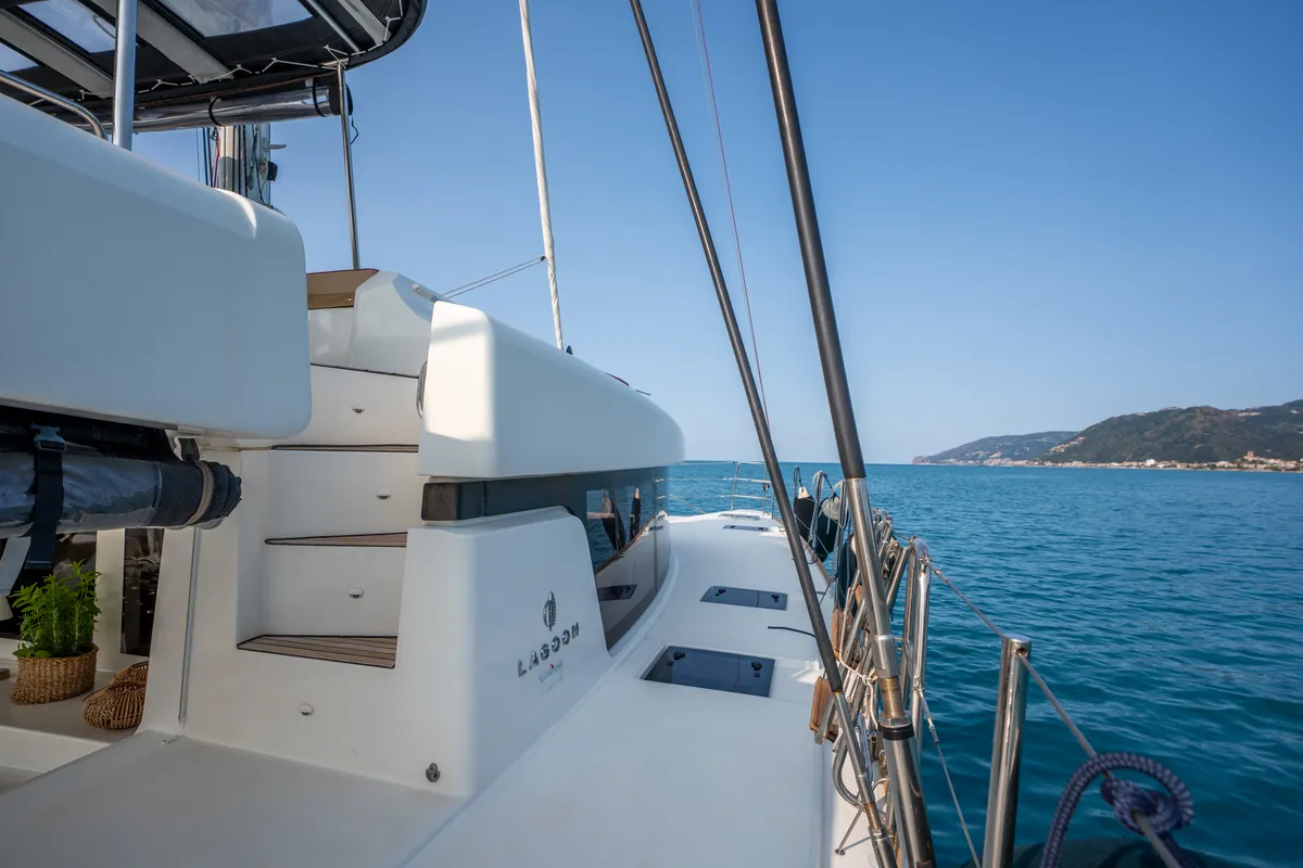 Exterior view of Lagoon 52F, a catamaran at Capo d'Orlando, Italy