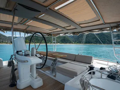 Cockpit of Lagoon 52F, a catamaran at Capo d'Orlando, Italy